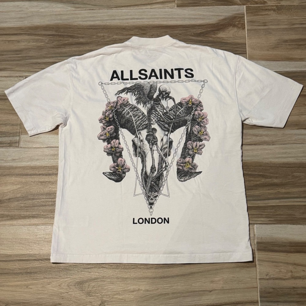 AllSaints London Ram Skull Floral Graphic Oversized T-Shirt White Small